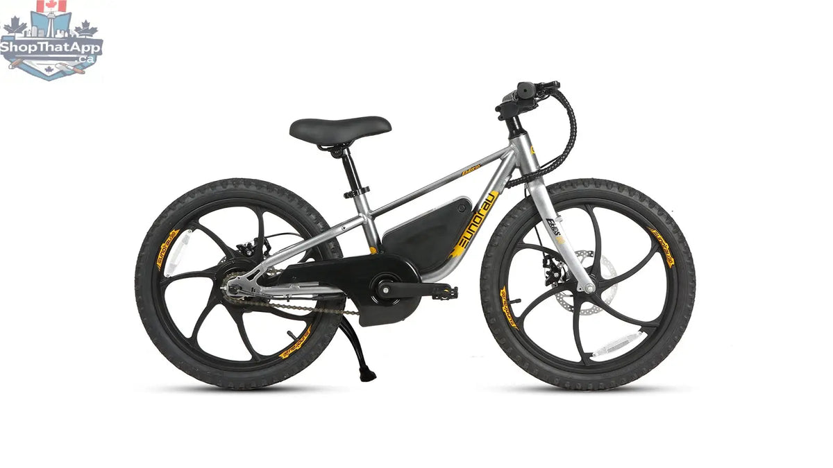 E-Vélo EUNORAU QUEBEC EKIDS20 1.0 electric bicycle with sleek frame and 16-9 aspect ratio for urban commuting and eco-friendly travel.