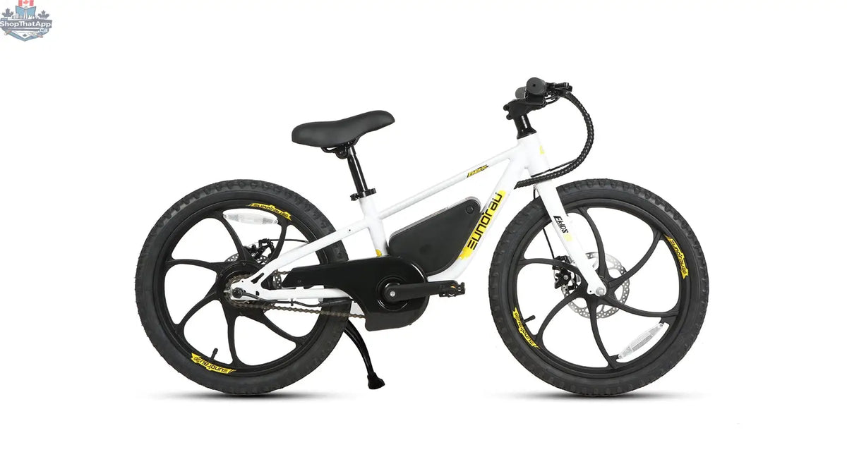 E-Vélo EUNORAU QUEBEC EKIDS20 1.0 electric bicycle side view with black frame and ergonomic handlebars.