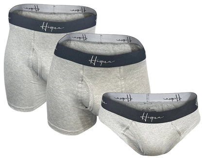 Three-pack men's underwear set by Hiqua Apparel including a brief, boxer trunk, and classic brief, laid flat for display.