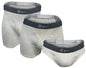 Three-pack men's underwear set by Hiqua Apparel including a brief, boxer trunk, and classic brief, laid flat for display.