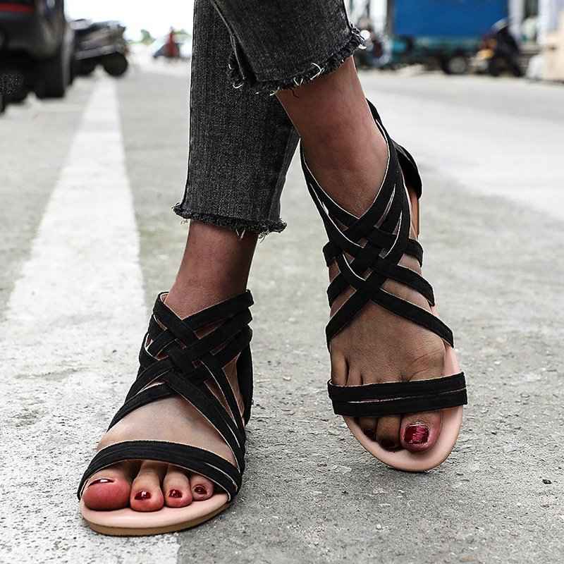 Women's Shoes Flat Bottomed Large Size Women's Sandals Fashion Hollow Rear Zipper Sandals