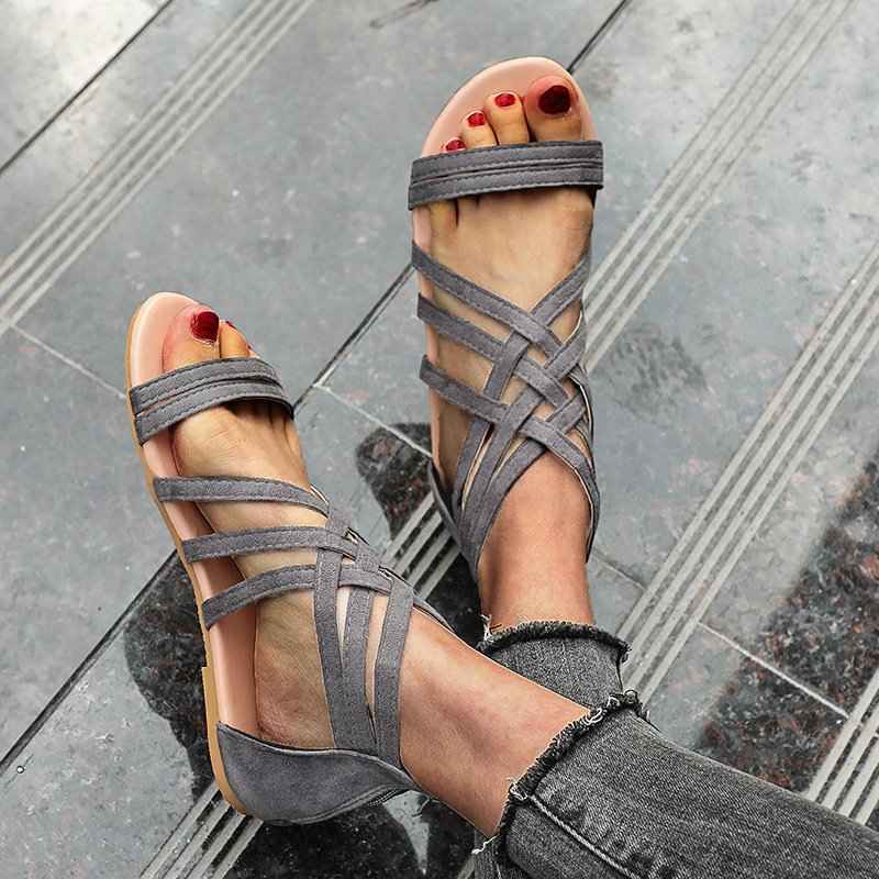 Women's Shoes Flat Bottomed Large Size Women's Sandals Fashion Hollow Rear Zipper Sandals