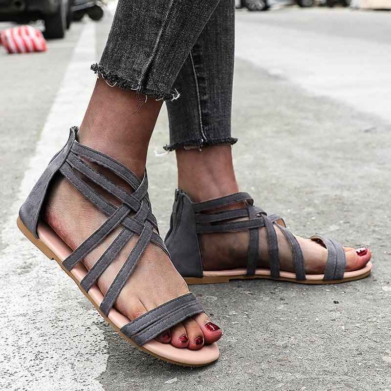 Women's Shoes Flat Bottomed Large Size Women's Sandals Fashion Hollow Rear Zipper Sandals