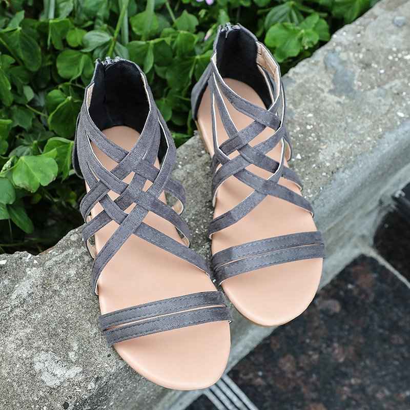 Women's Shoes Flat Bottomed Large Size Women's Sandals Fashion Hollow Rear Zipper Sandals