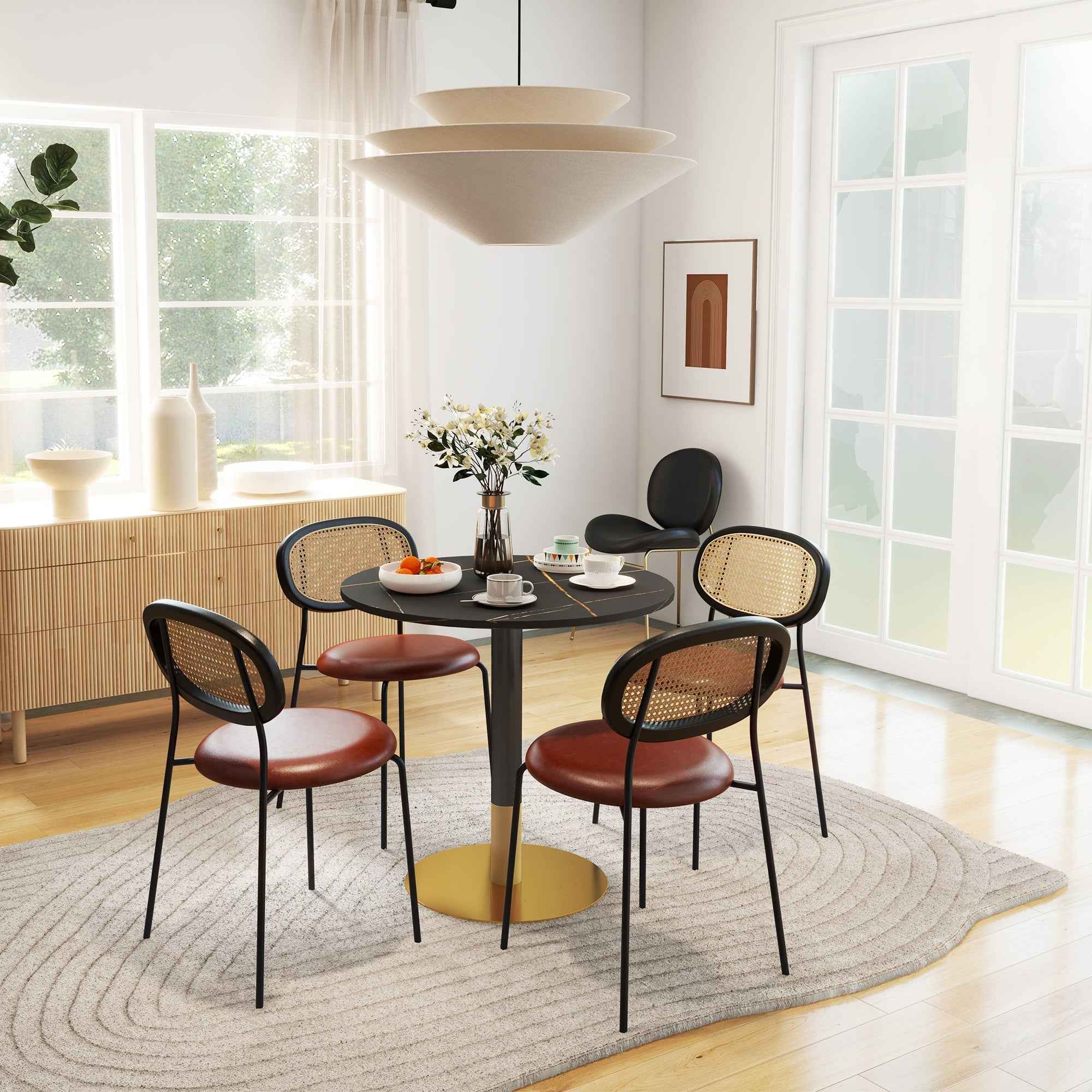 Rene Round Modern Dining Table with Faux Marble Top for Small Spaces-Black