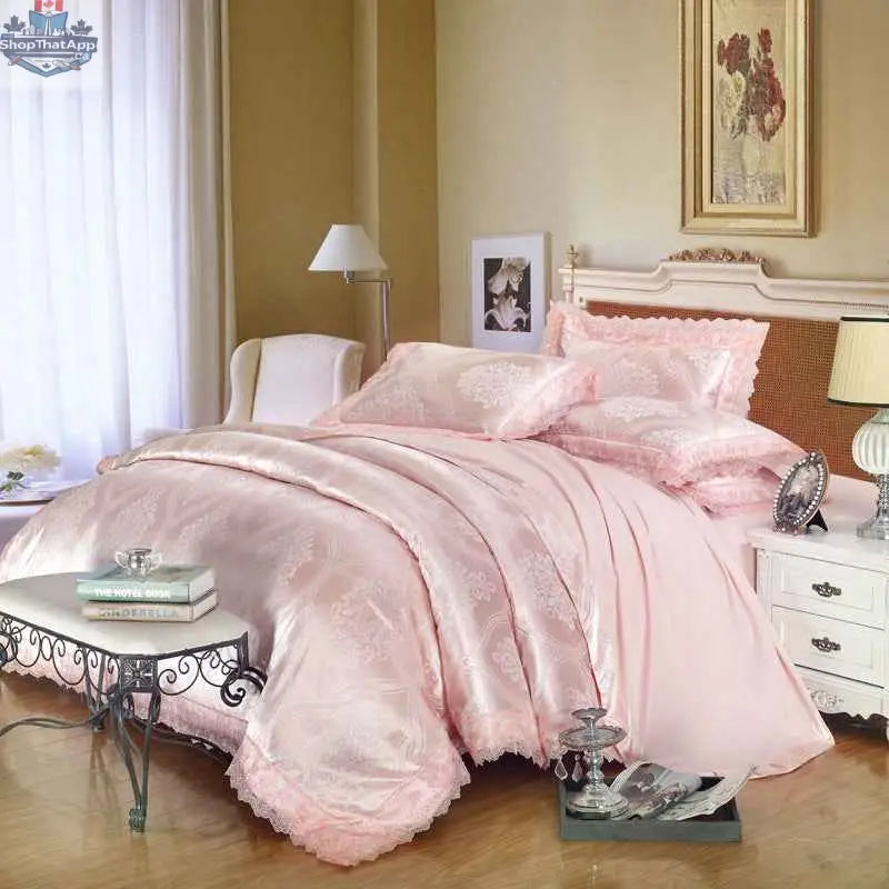 SLOTH Nation jacquard cotton bedding set with a luxurious four-piece duvet cover and silk-satin finish bed sheet.