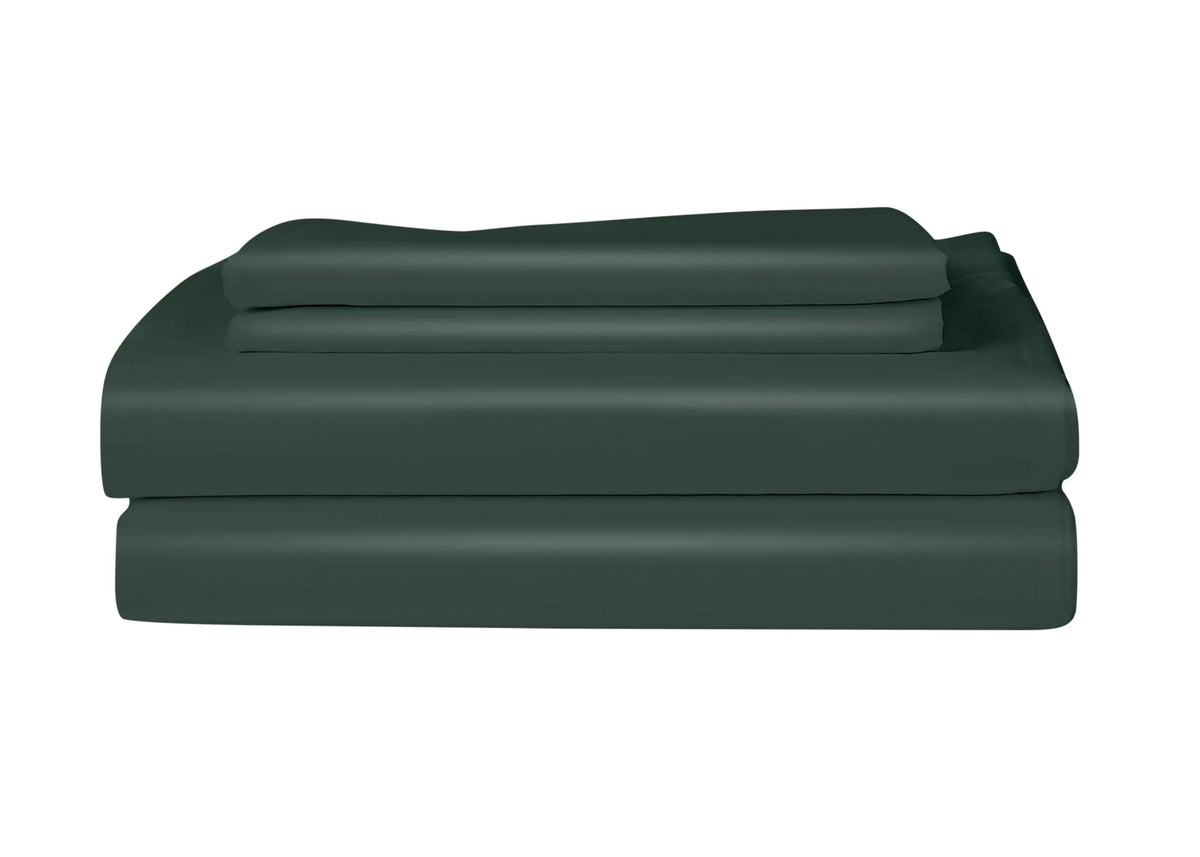Luxurious Skylark+Owl Canada refined sateen sheet set in forest green, showcasing smooth, soft bed sheets for bedroom comfort.