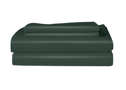 Luxurious Skylark+Owl Canada refined sateen sheet set in forest green, showcasing smooth, soft bed sheets for bedroom comfort.