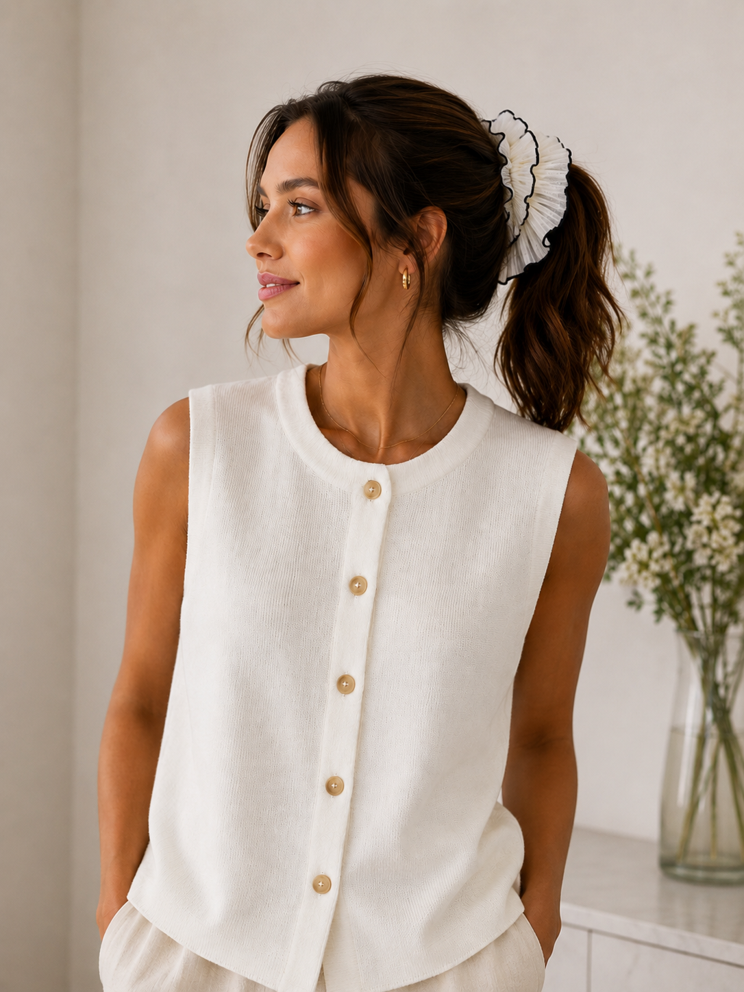 Bezla Ivory Knit Vest Top - Button Front Sleeveless Style - Shopthatapp.ca