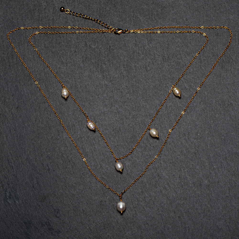 Double Strand Pearl Necklace with Gold Plated Chain - Shopthatapp.ca