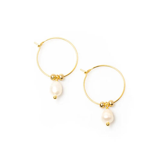 Gold-plated hoop pearl earrings by Suzie Blue Canada, elegant jewelry featuring classic pearl accents and sleek hoop design.
