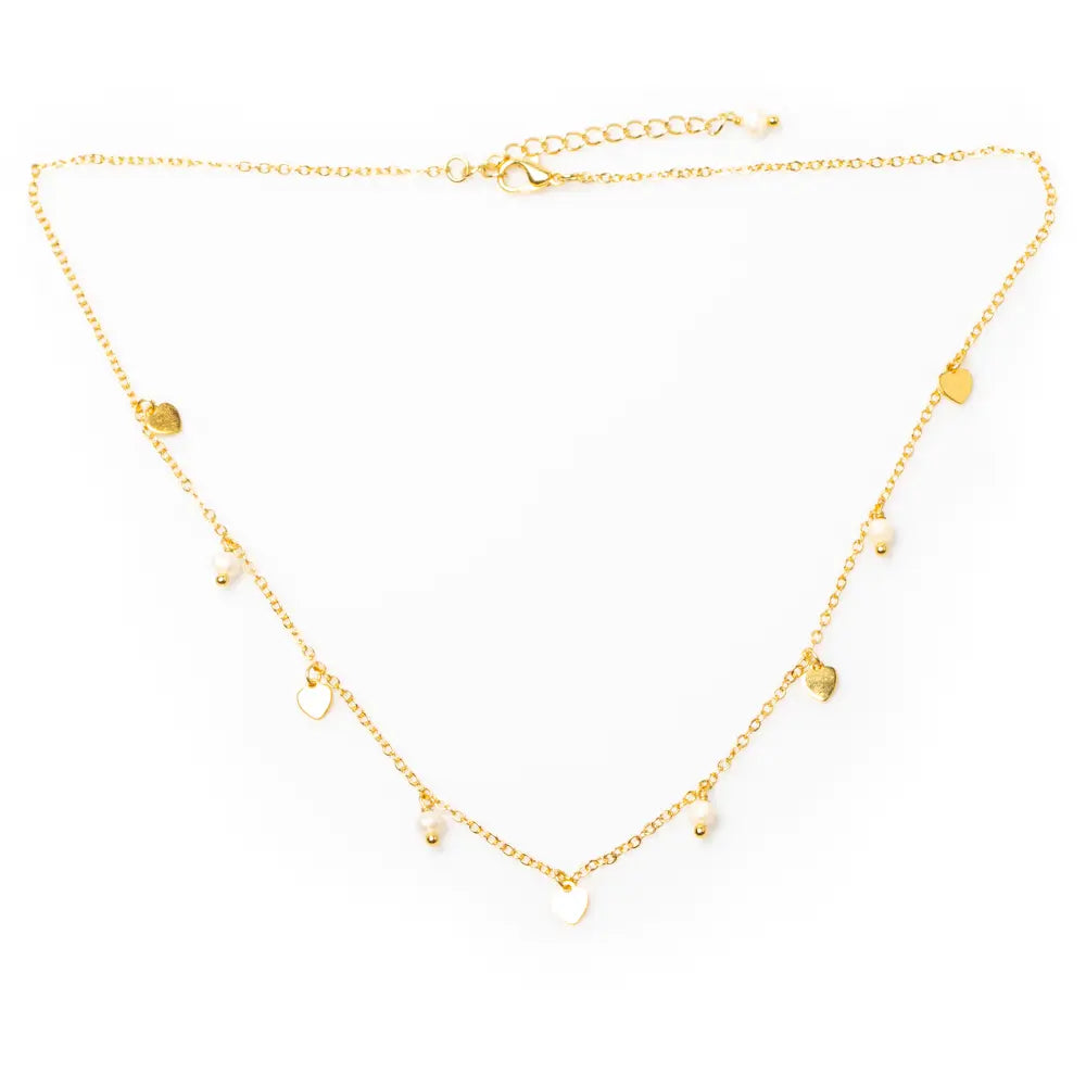 Gold plated pearl heart necklace with delicate chain from Suzie Blue Canada, featuring a charming pearl heart pendant.