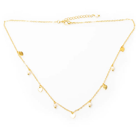 Gold plated pearl heart necklace with delicate chain from Suzie Blue Canada, featuring a charming pearl heart pendant.