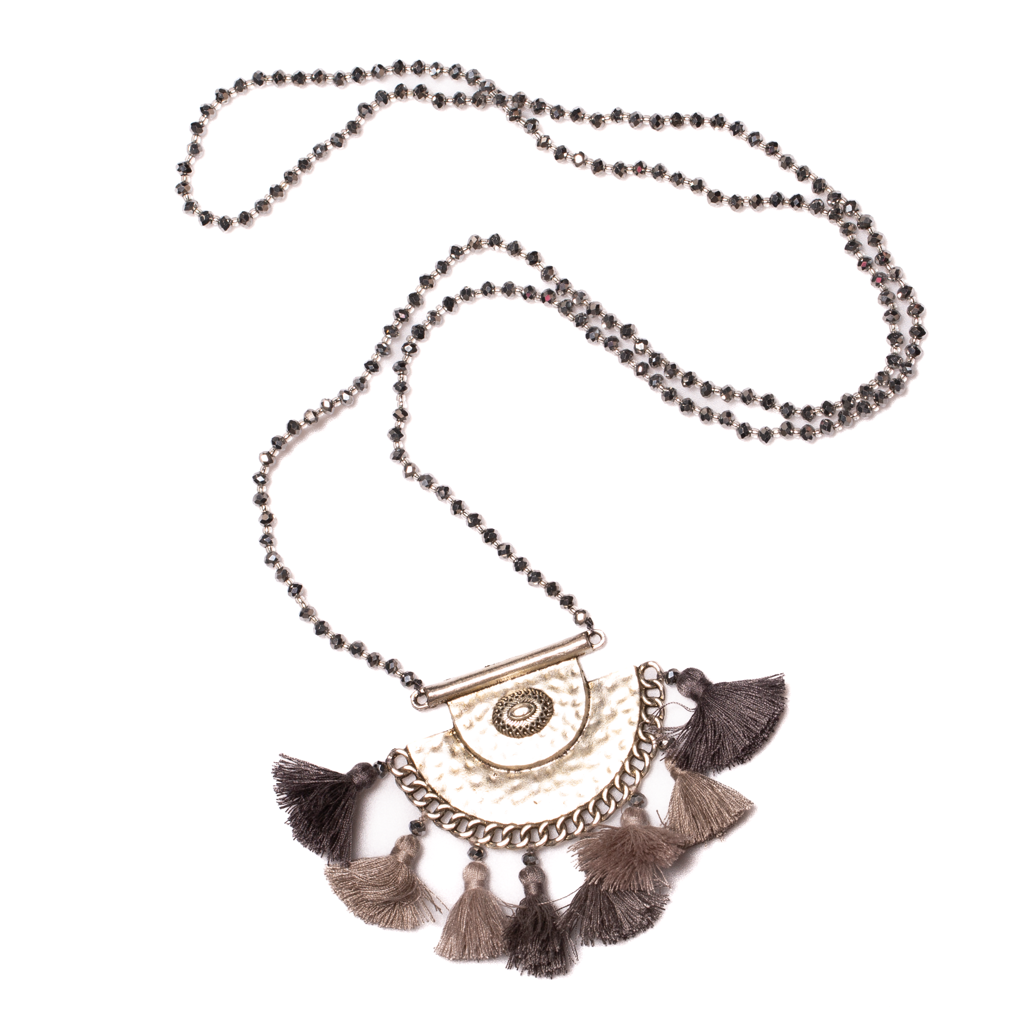 Long Crystal Necklace With Hammered Metal Pendant - Shopthatapp.ca