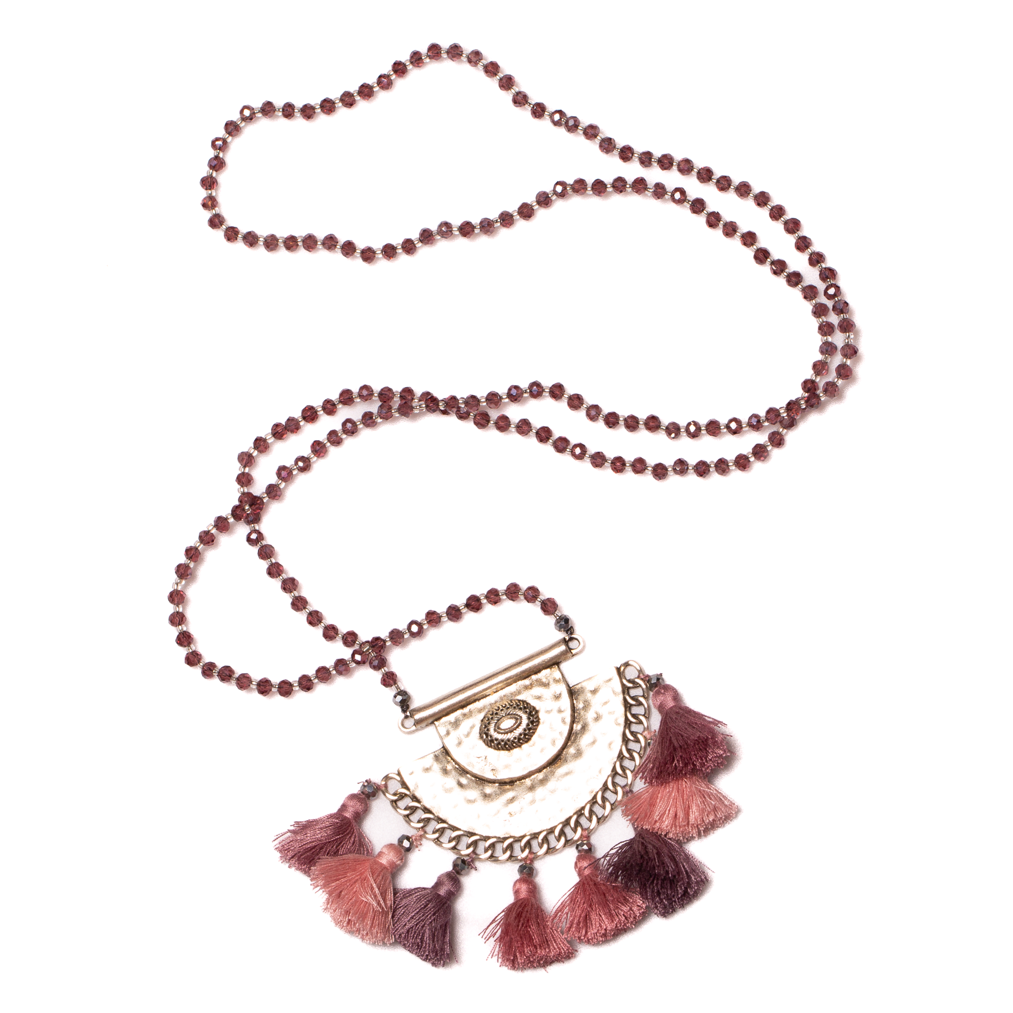 Long Crystal Necklace With Hammered Metal Pendant - Shopthatapp.ca