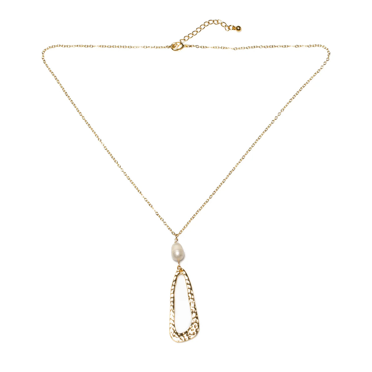 Gold-plated hammered oval pendant necklace with pearl detail on chain, by Suzie Blue Canada.