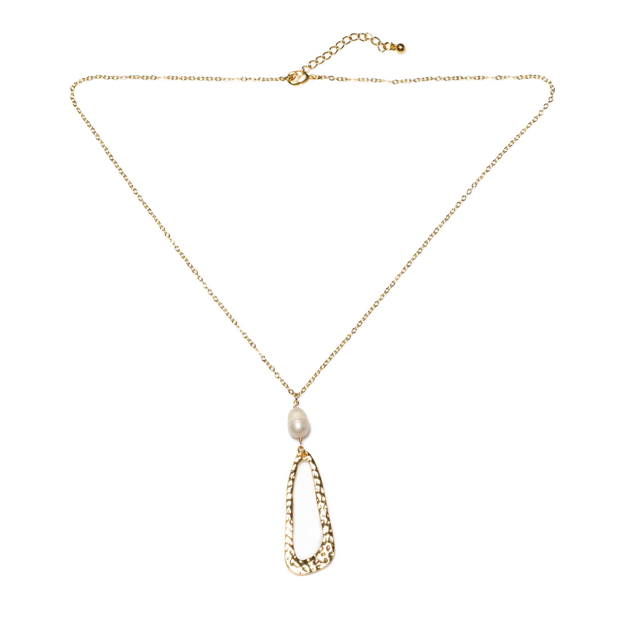 Hammered Oval Pendant With Pearl On Chain In Gold Plate - Shopthatapp.ca