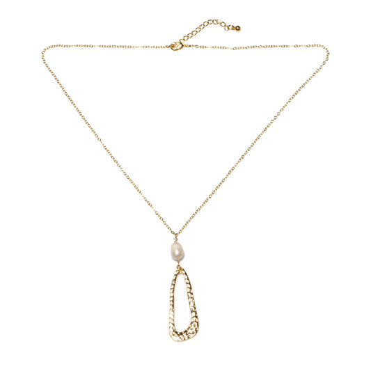 Gold-plated hammered oval pendant necklace with pearl detail on chain, by Suzie Blue Canada.