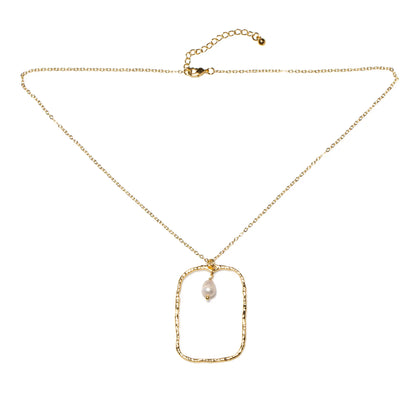 Hammered gold pearl pendant necklace with rectangular design, gold-plated by Suzie Blue Canada, showcasing a stylish jewelry piece.