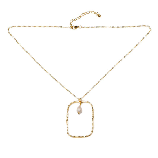 Hammered gold pearl pendant necklace with rectangular design, gold-plated by Suzie Blue Canada, showcasing a stylish jewelry piece.