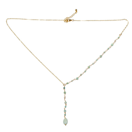 Amazonite glass bead necklace with gold plate drop design by Suzie Blue Canada, featuring blue-green beads and delicate gold accents.