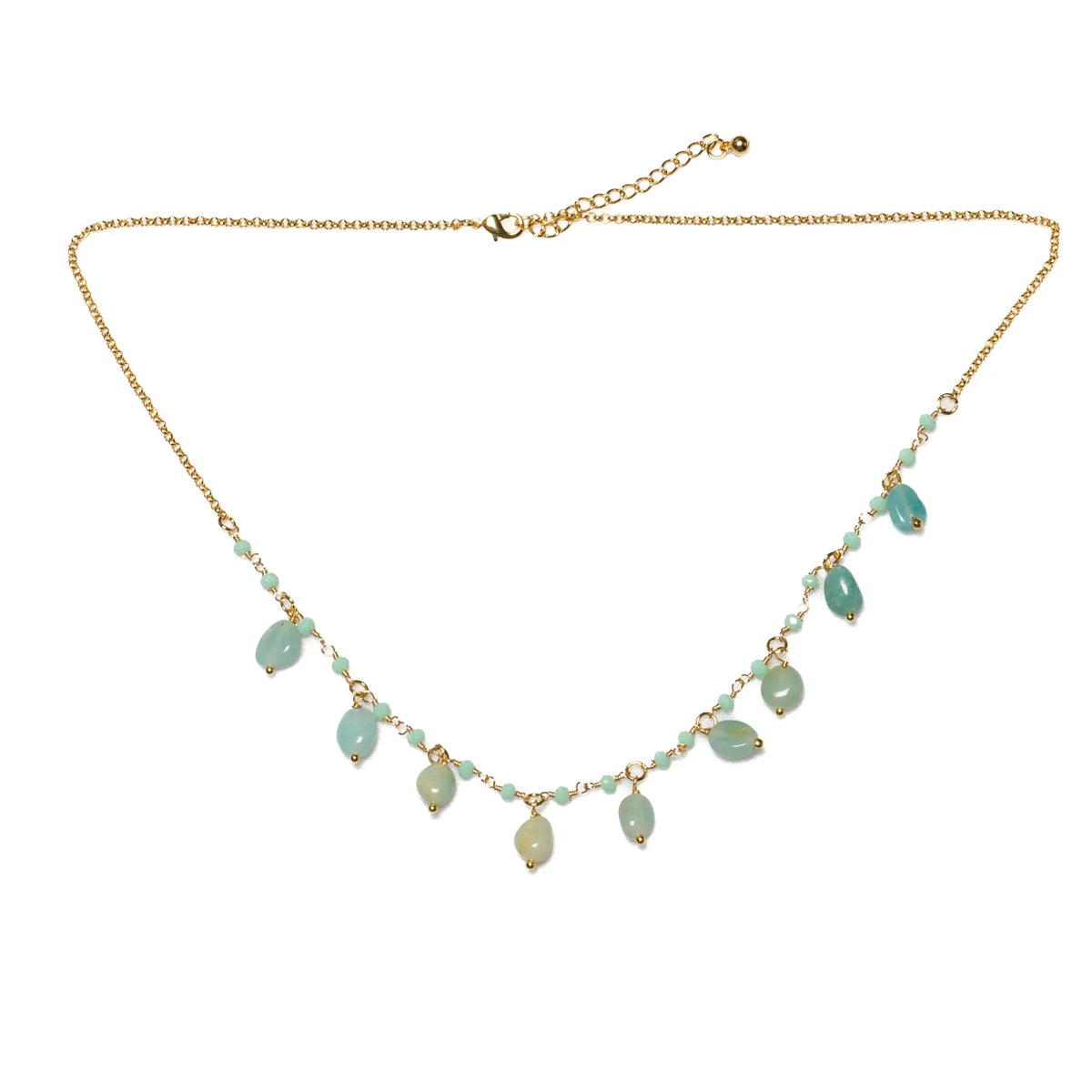Gold-plated Amazonite glass bead droplet necklace featuring a delicate chain and elegant design by Suzie Blue Canada.