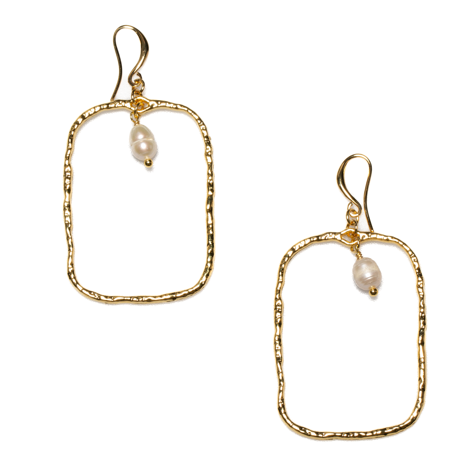 Hammered Gold Rectangle Earrings With Pearl In Gold Plate - Shopthatapp.ca