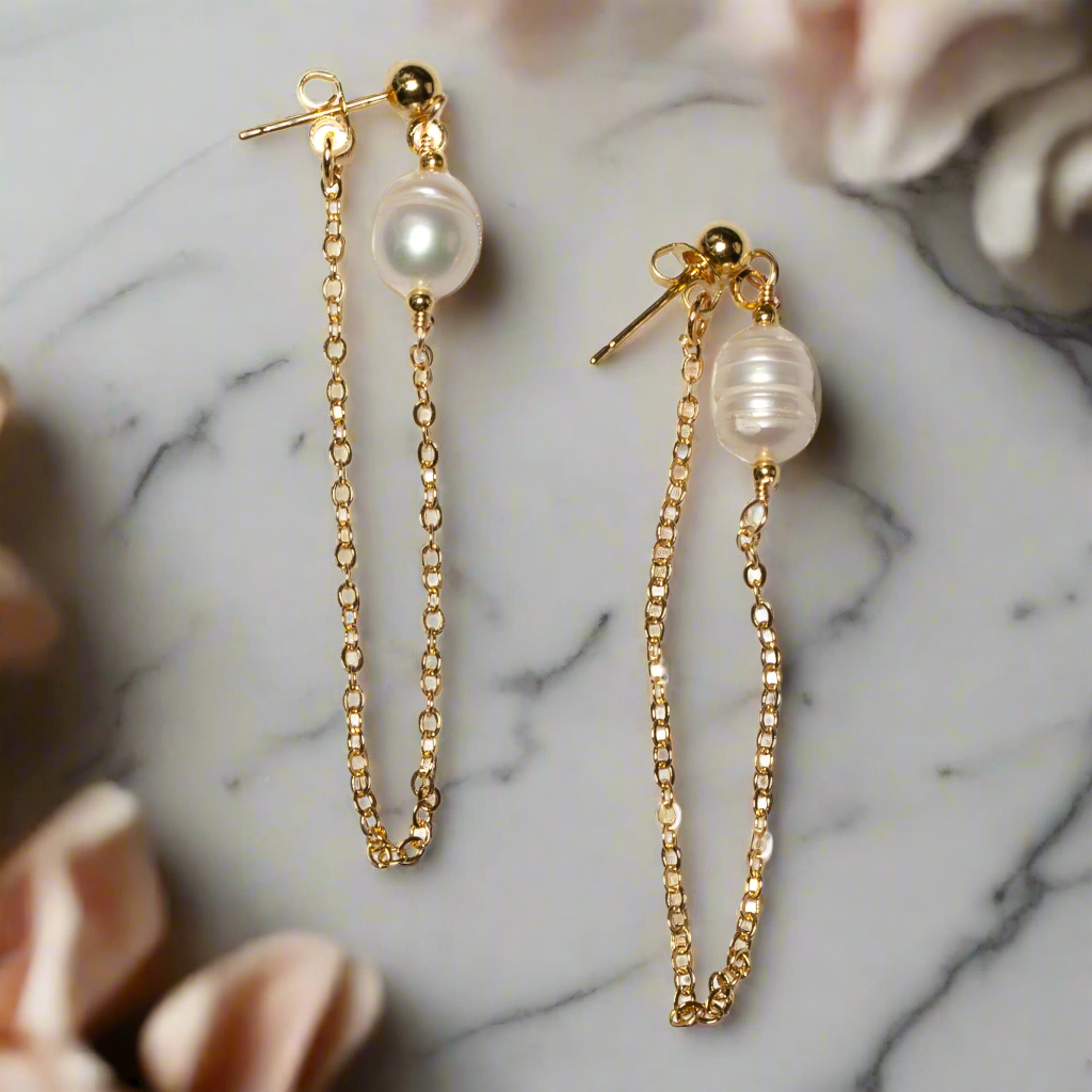 Pearl Chain Stud Earrings in Gold Plate for Elegant Style - Shopthatapp.ca