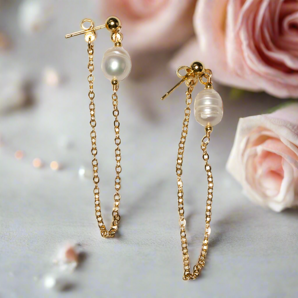 Pearl Chain Stud Earrings in Gold Plate for Elegant Style - Shopthatapp.ca