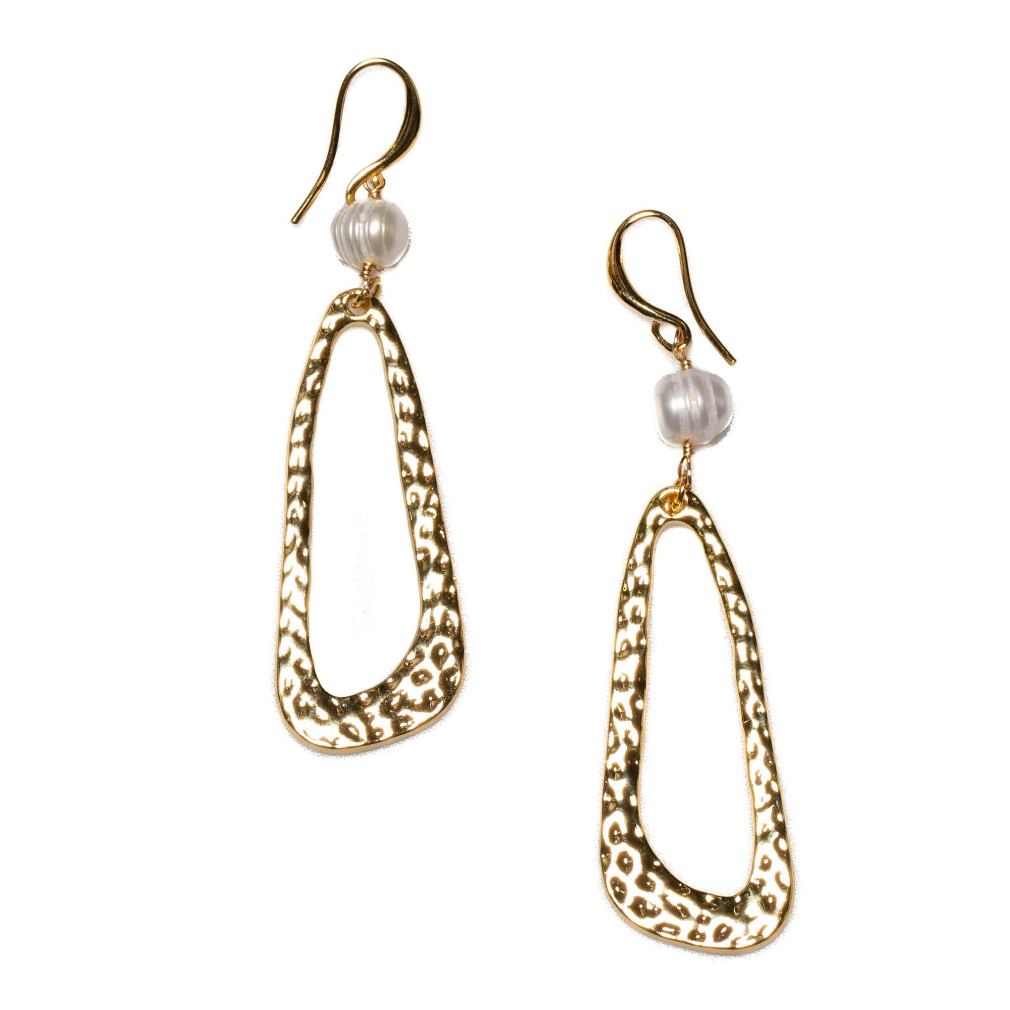 Hammered Oval Earrings With Pearl In Gold Plate - Shopthatapp.ca