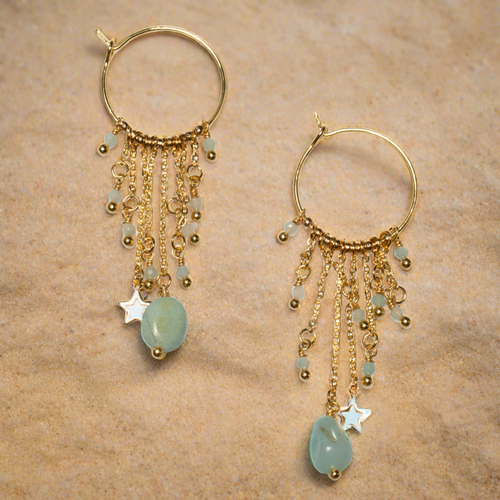 Amazonite Hoop Earrings with Gold-Plated Glass Bead Chain - Shopthatapp.ca
