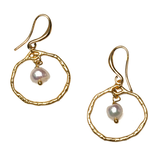 Gold pearl ring earrings in gold plate featuring elegant design, perfect for sophisticated style, by Suzie Blue Canada.