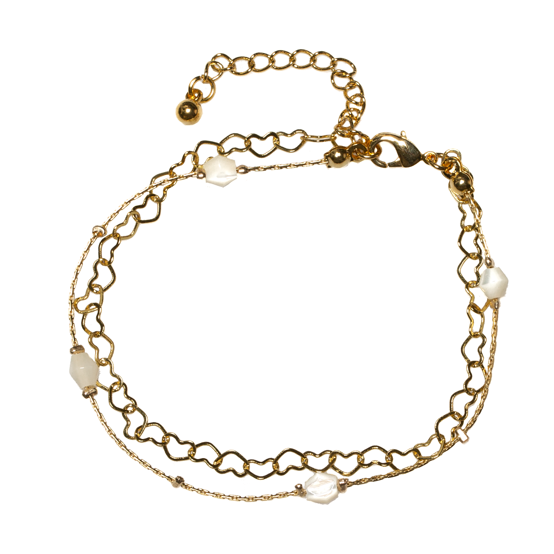 Heart Chain Bracelet With White Bead In Gold Plate - Shopthatapp.ca