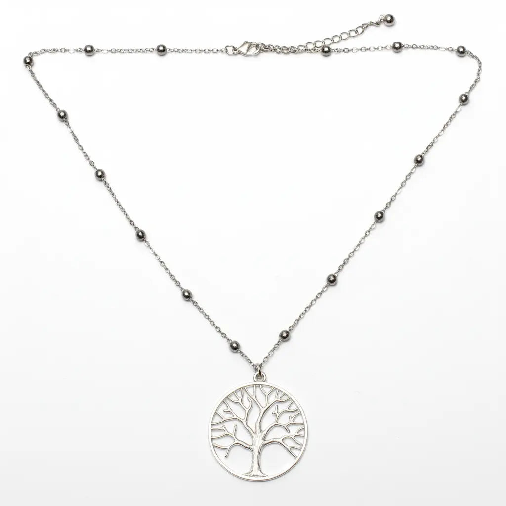 Silver plated Tree of Life pendant necklace on ball chain by Suzie Blue Canada, featuring a detailed tree design.