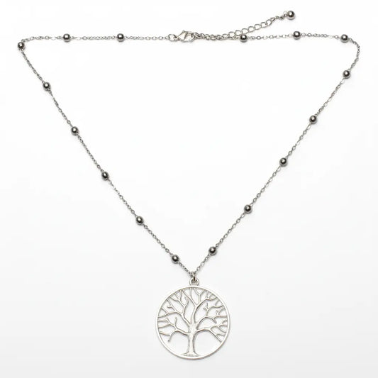 Silver plated Tree of Life pendant necklace on ball chain by Suzie Blue Canada, featuring a detailed tree design.