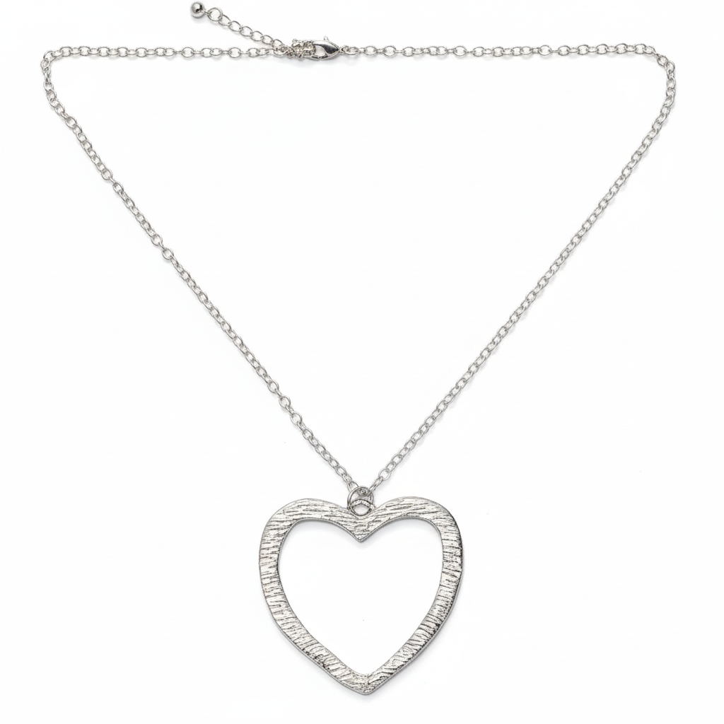 Textured Heart Pendant Necklace on Simple Chain - Silver Plate - Shopthatapp.ca