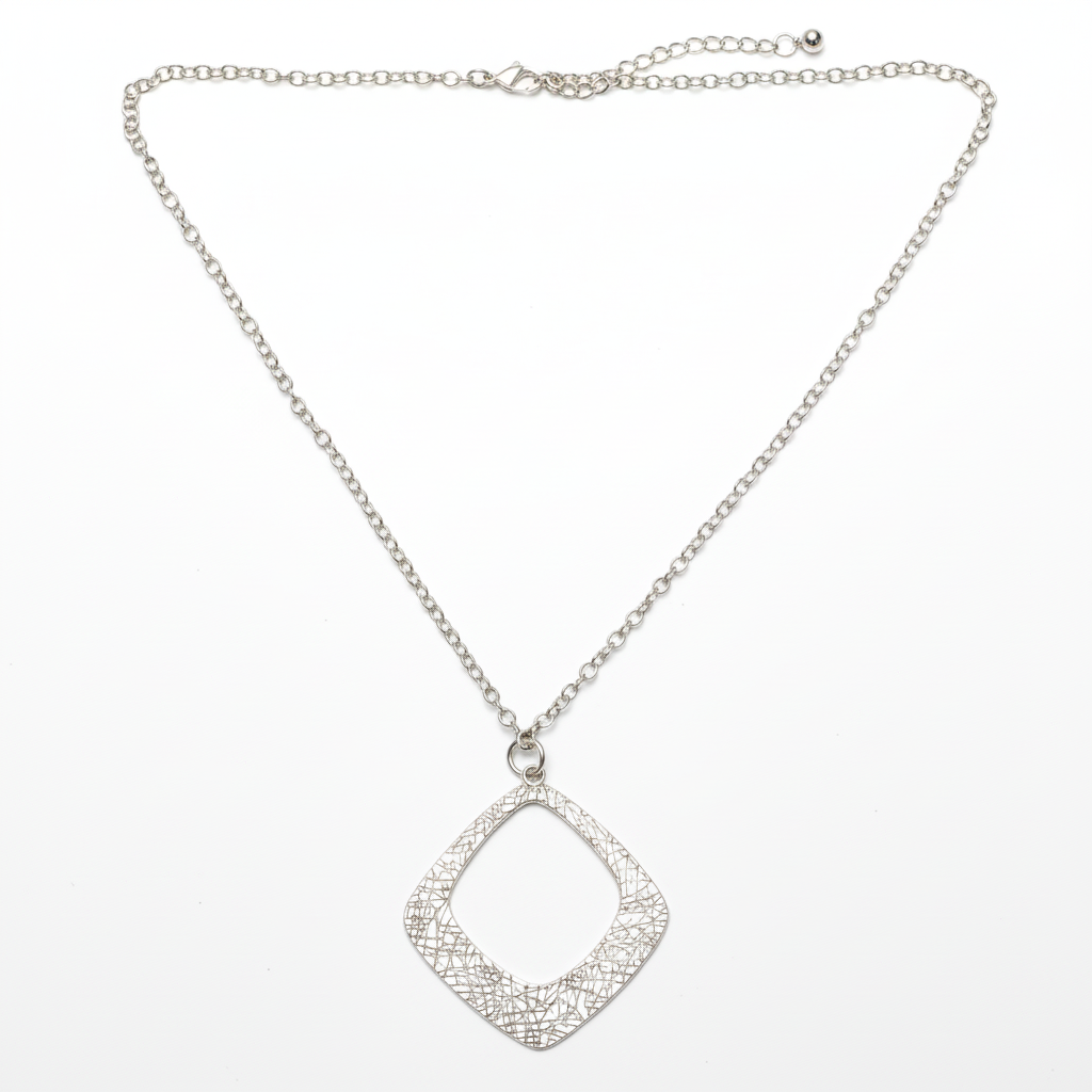 Textured Diamond Pendant Necklace on Simple Chain - Silver Plate - Shopthatapp.ca