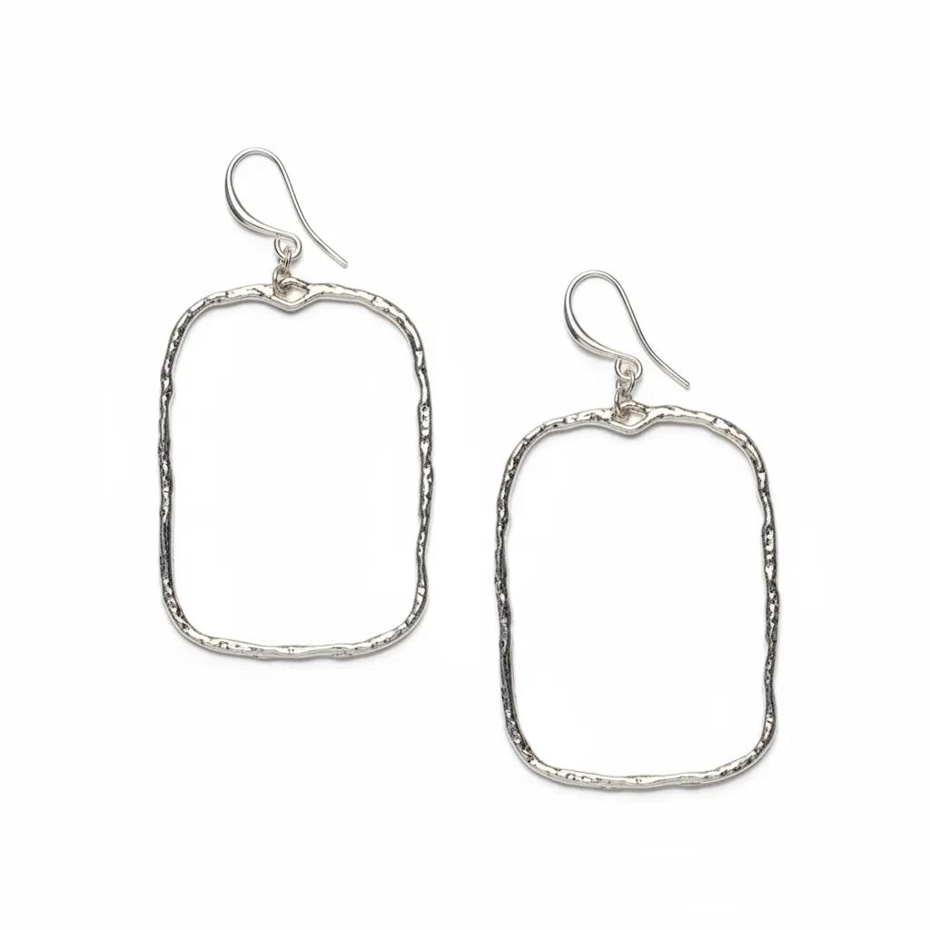 Hammered rectangular silver earrings with an elegant silver plate design, showcasing a modern and stylish jewelry piece by Suzie Blue Canada.