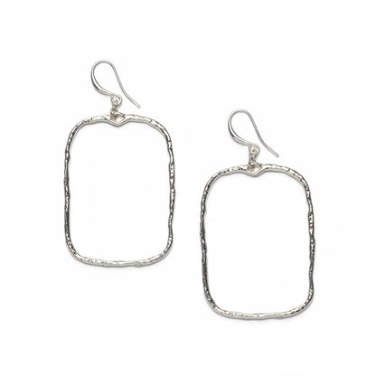 Hammered rectangular silver earrings with an elegant silver plate design, showcasing a modern and stylish jewelry piece by Suzie Blue Canada.