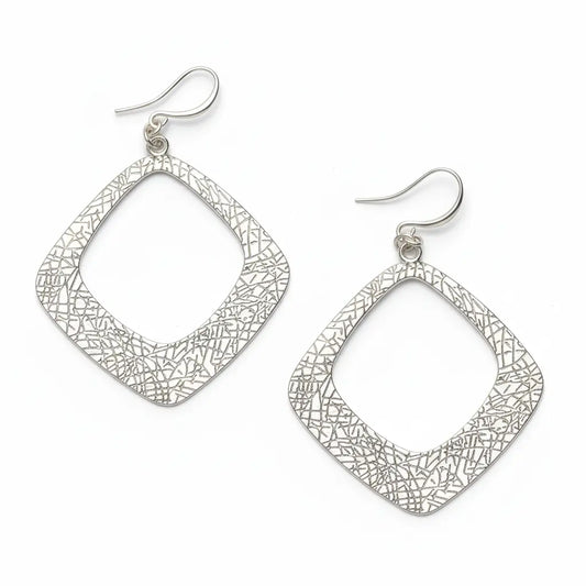 Silver plated textured diamond-shaped earrings from Suzie Blue Canada, featuring a modern geometric design.
