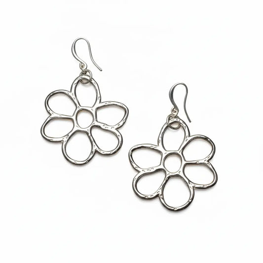 Silver plate open flower earrings by Suzie Blue Canada featuring delicate floral design and elegant dangle style.