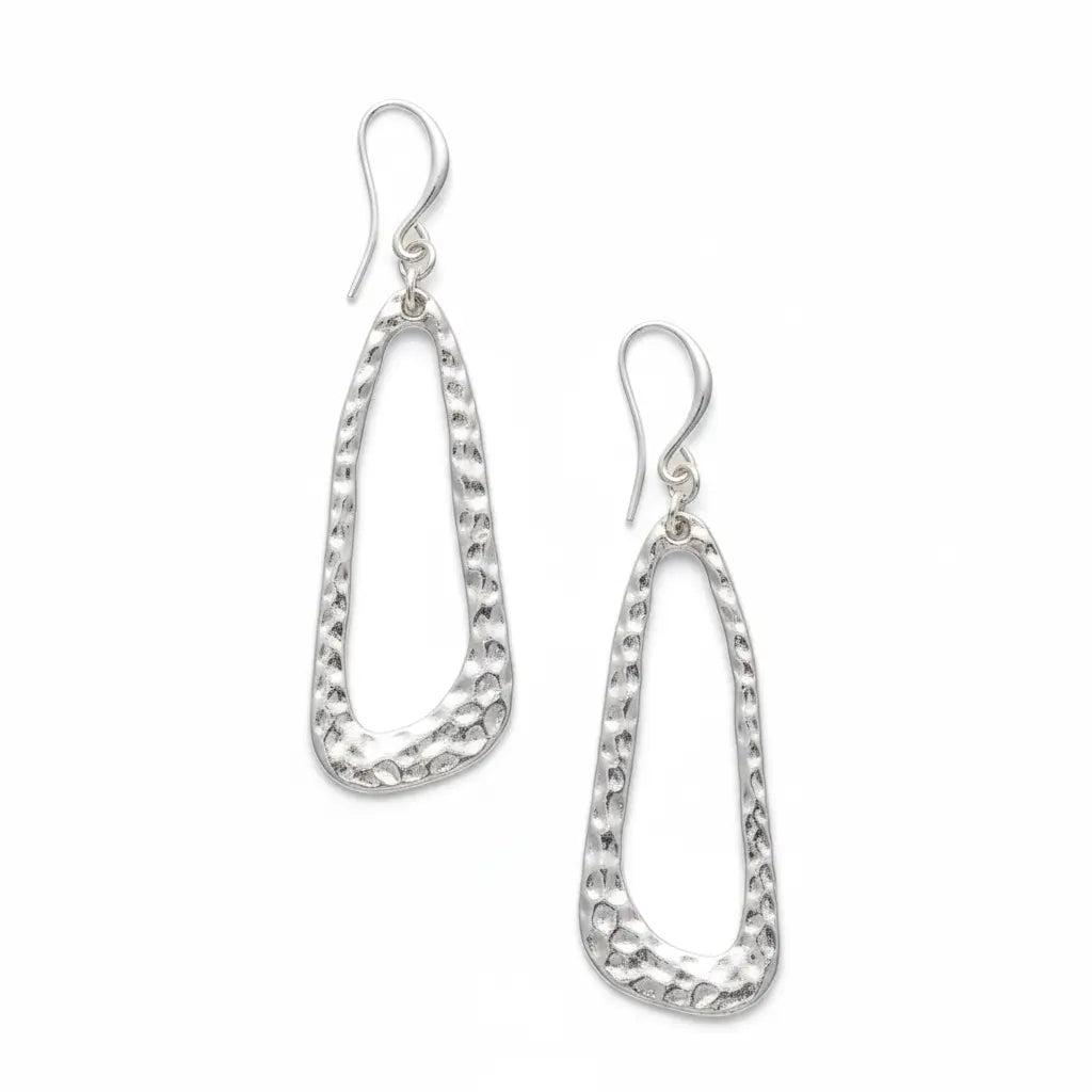 Hammered silver plate earrings with an elegant oval design by Suzie Blue Canada, showcasing a polished, textured finish.