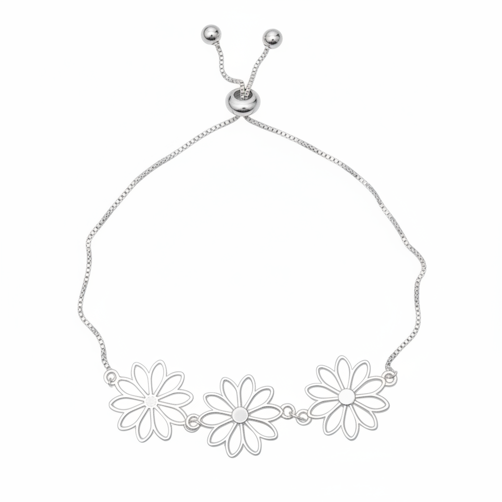 Adjustable Flower Bracelet with Triple Flower Design in Silver Plate - Shopthatapp.ca