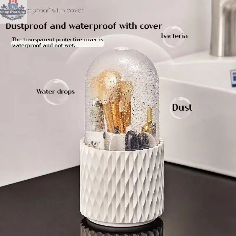 Transparent 360 rotating makeup brush organizer with large capacity, holding multiple brushes for easy access and organization.