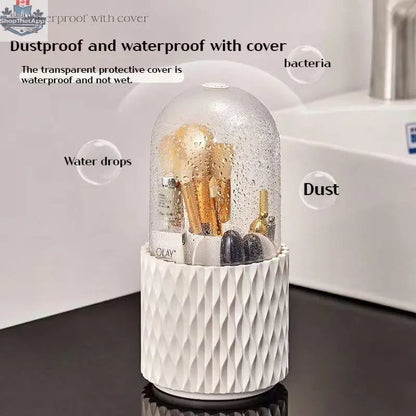 Transparent 360 rotating makeup brush organizer with large capacity, holding multiple brushes for easy access and organization.
