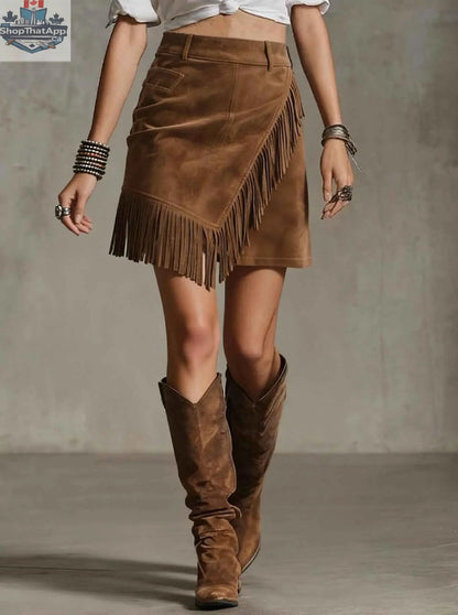 Women's Retro Western Suede Skirt - Tassel Bodycon Mini Skirt - Shopthatapp.ca