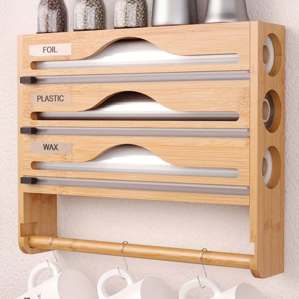 3 grid Bamboo Wood Wall Mounted Food Wrap Dispenser