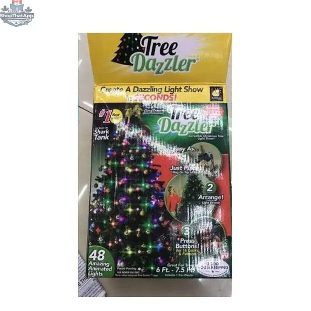 Colorful 64 and 48 light Dazzler Christmas Tree Light Show with sparkling, animated holiday lights on a festive tree display.