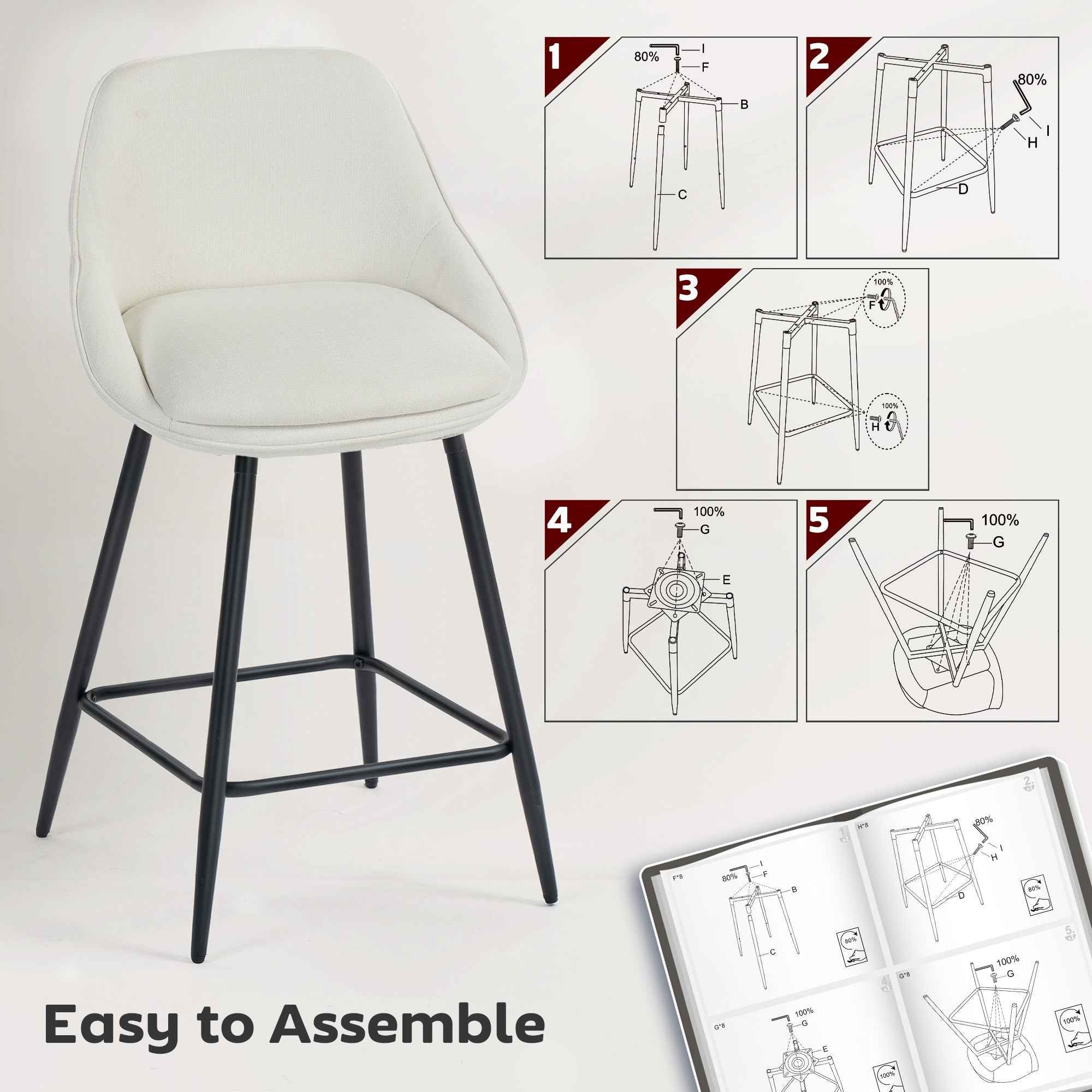 Reece 26" Counter Height Stools with Swivel and Backrest-Set of 2-Cream White