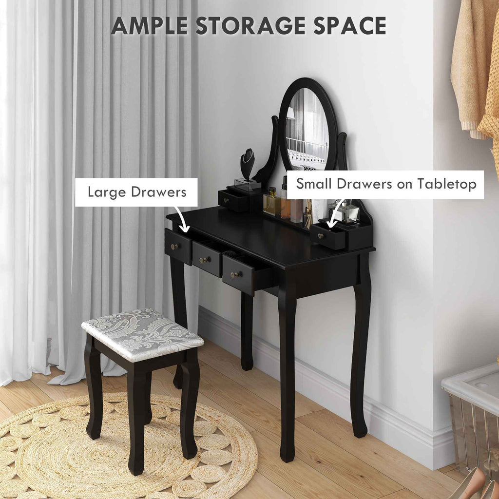 Emma Vanity Desk with Padded Stool and 360° Rotating Oval Mirror-Black